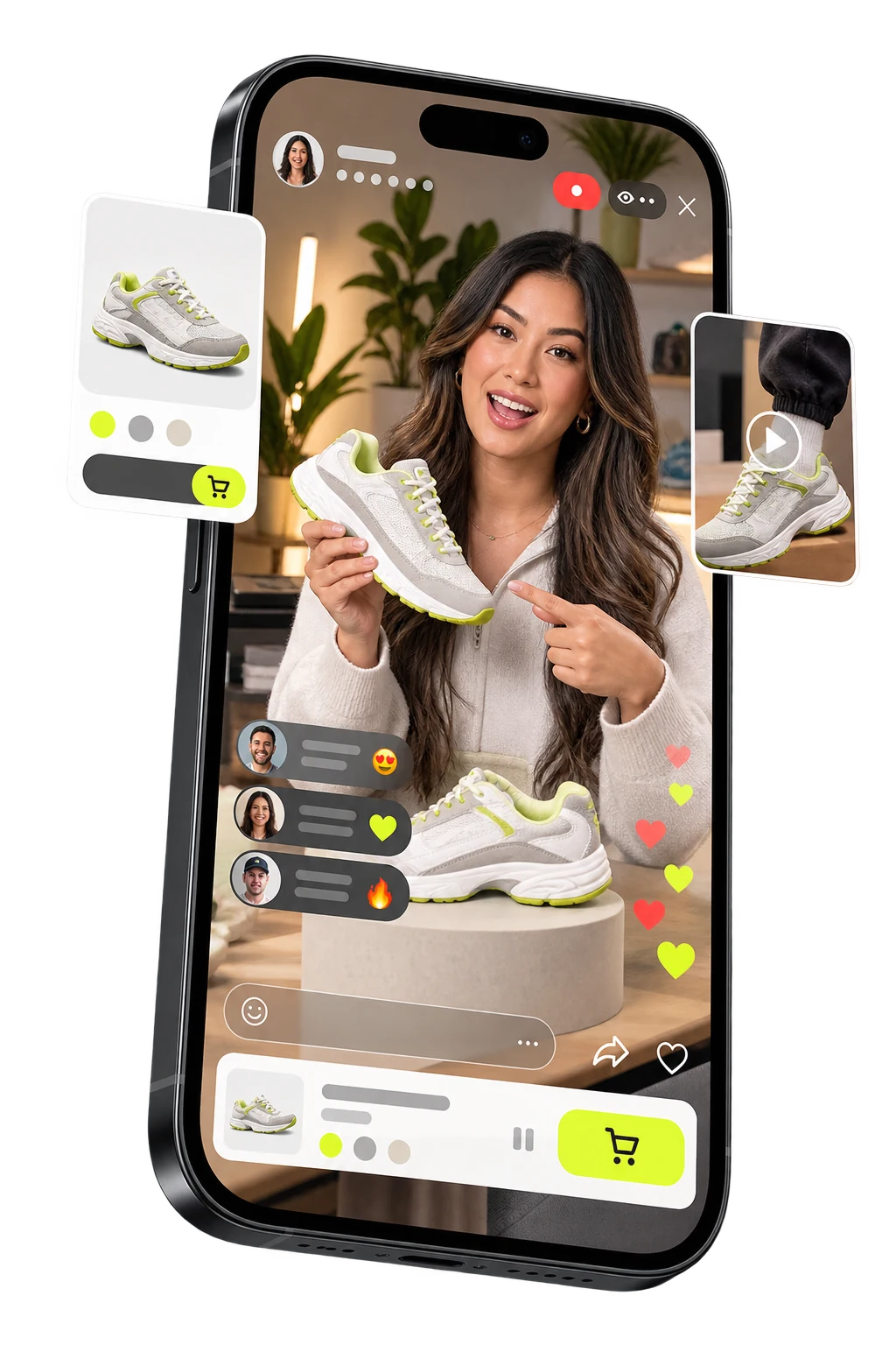 ShopStream live shopping experience showing a presenter, audience reactions, and a featured sneaker